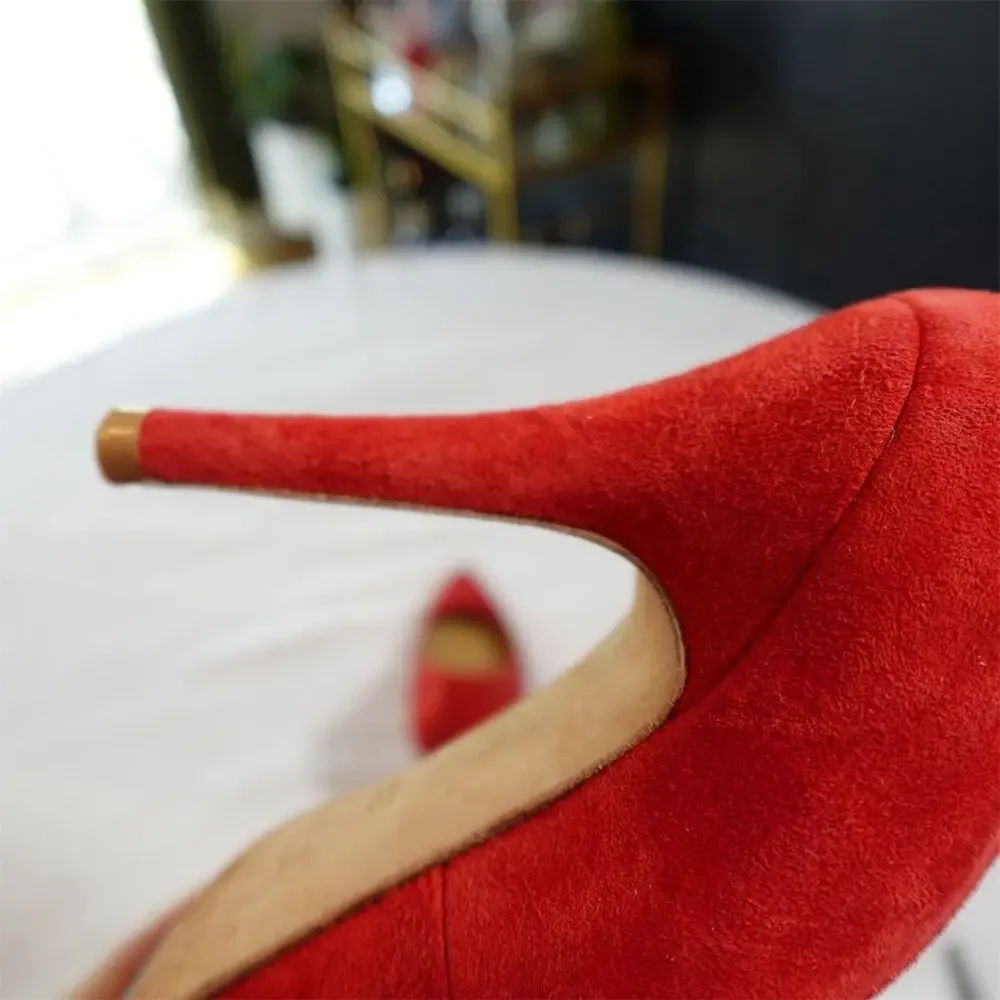 Anthropologie Vanessa Tao Pointed Toe Pumps Size 38 7.5 Red Suede Leather Heels‎